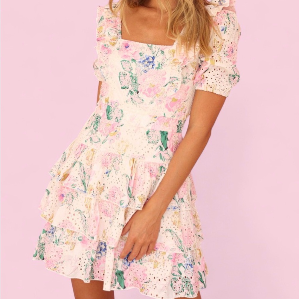 Adelyn Rae Kerry Eyelet Floral Puff Sleeve Lace Tiered Mini Dress Size Large